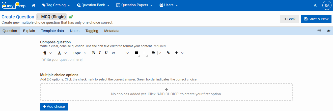 Create MCQ Single Question