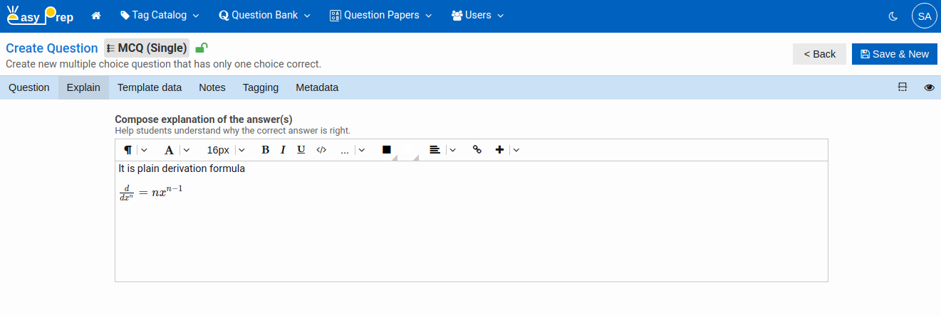 Create MCQ Single Question Explain Tab