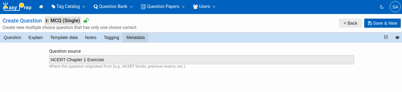 Create MCQ Single Question Metadata Tab