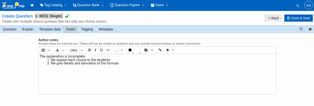 Create MCQ Single Question Notes Tab