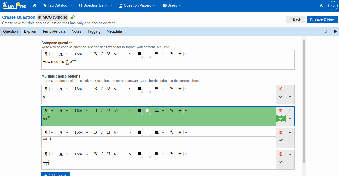Create MCQ Single Question with details
