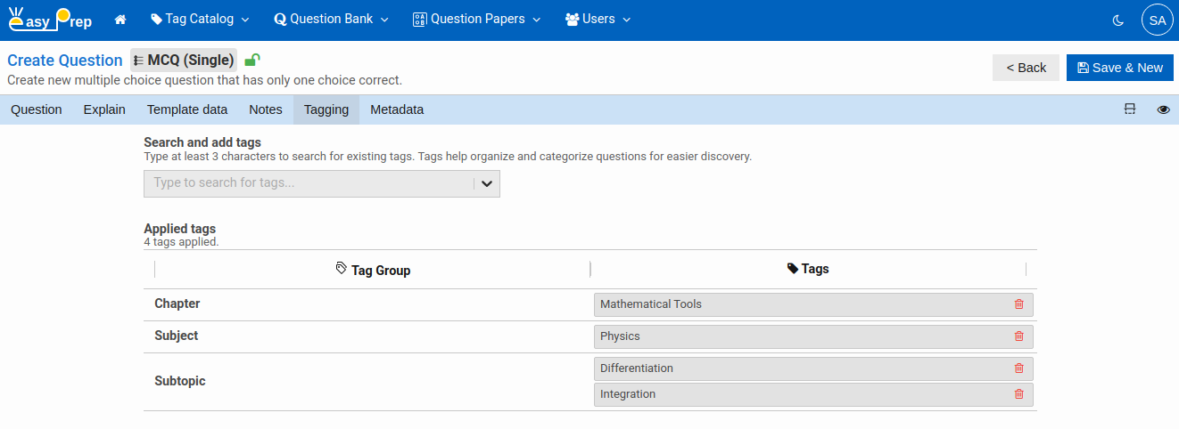Create MCQ Single Question Tagging Tab