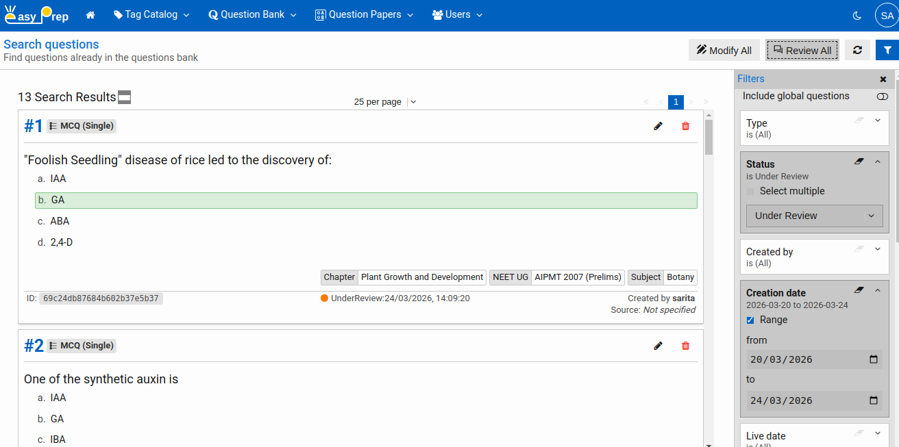 Review Session from search