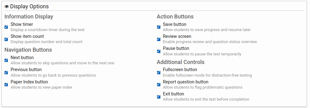 Question Paper Display Options